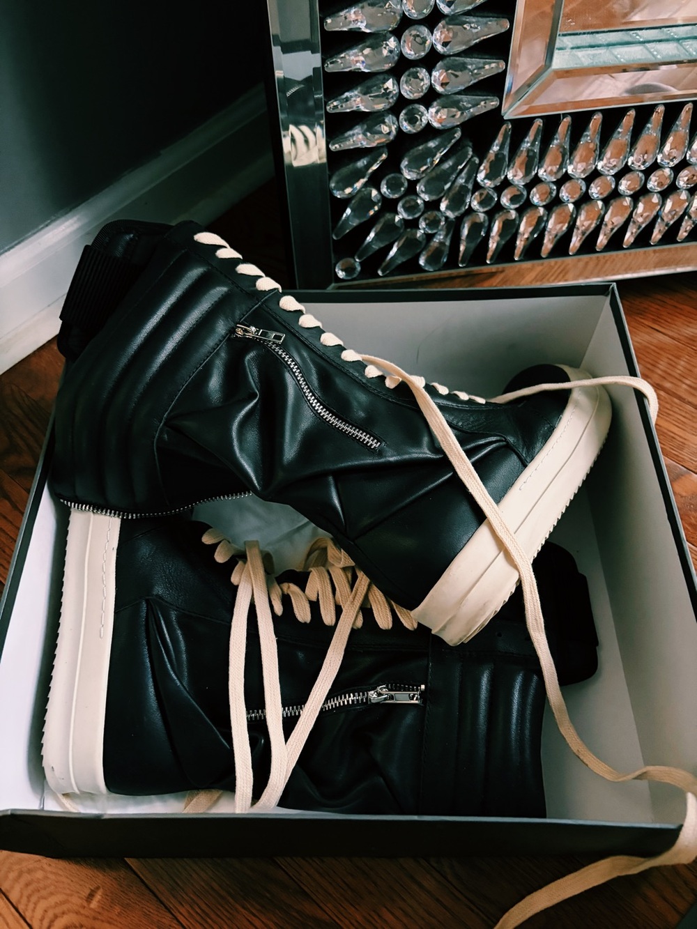 Rick Owen Black High-Top Leather Sneakers with Cream Laces